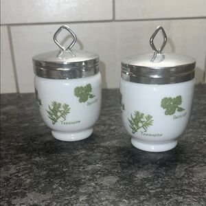 Ceramic Egg Coddlers. Herb Garden Design Jars with Silver Lids.